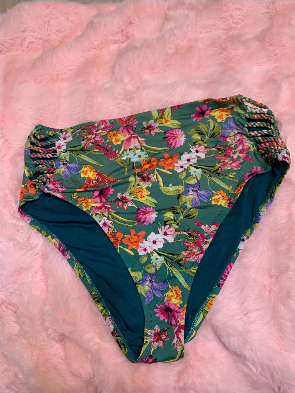Jessica Simpson Floral High-Waist Bikini Bottoms in Green